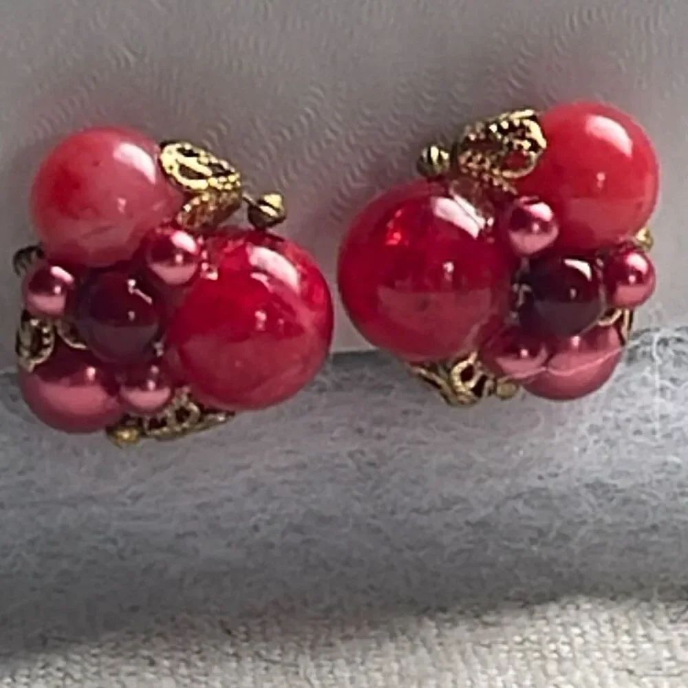 Vintage Midcentury clip berry colored earrings acrylic beaded clusters